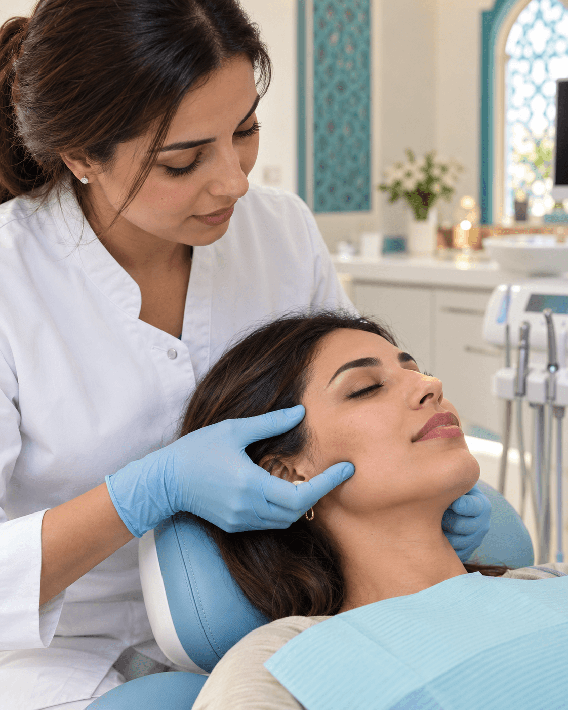 Practitioner gently examining a patient’s jaw