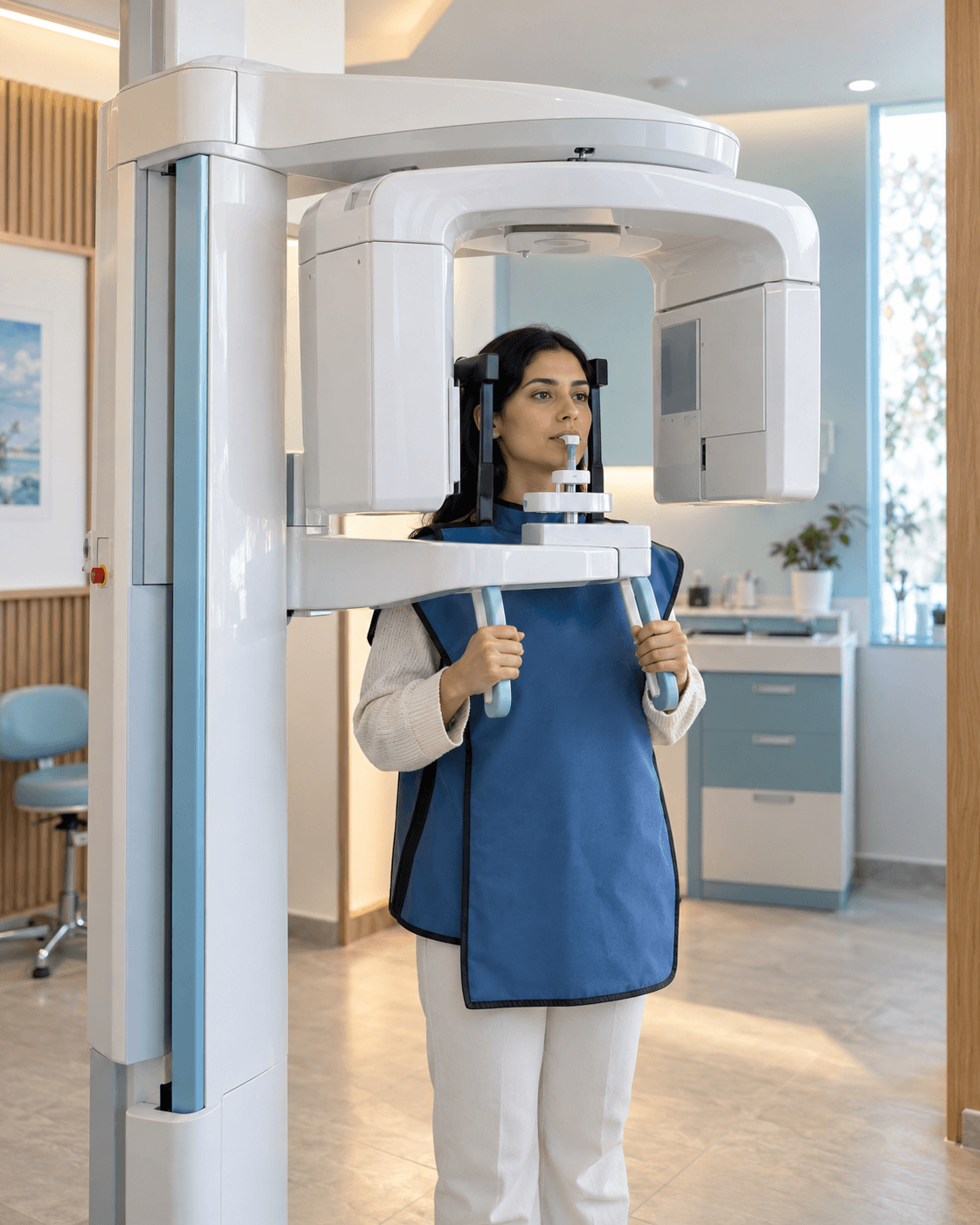 Patient undergoing panoramic radiography